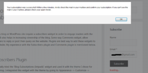 Subscribers Plugin: Message mentioning that an email sent for confirmation of subscription