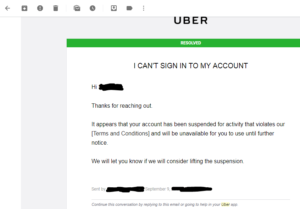Uber your account is currently disabled